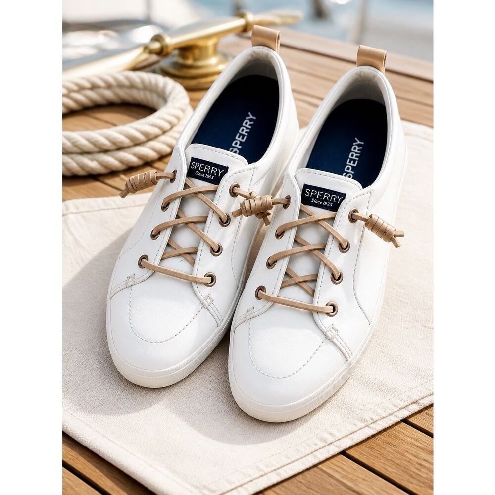 Sperry Women’s White Leather Sneakers with Rose Gold Accents